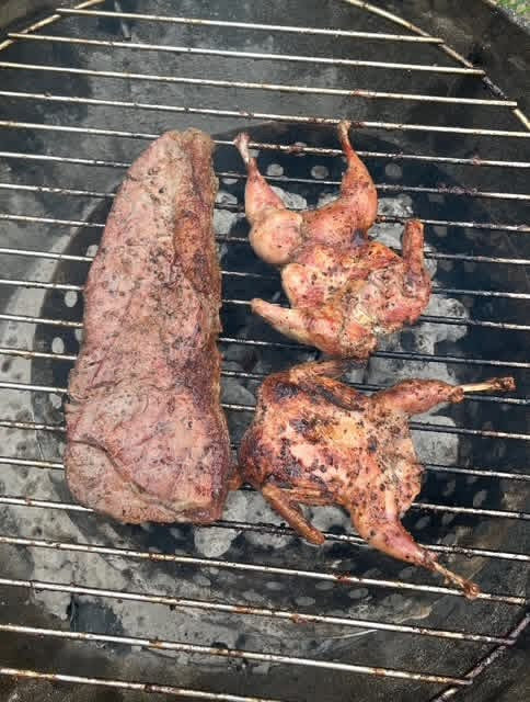 Steak and quail on a charcoal grill